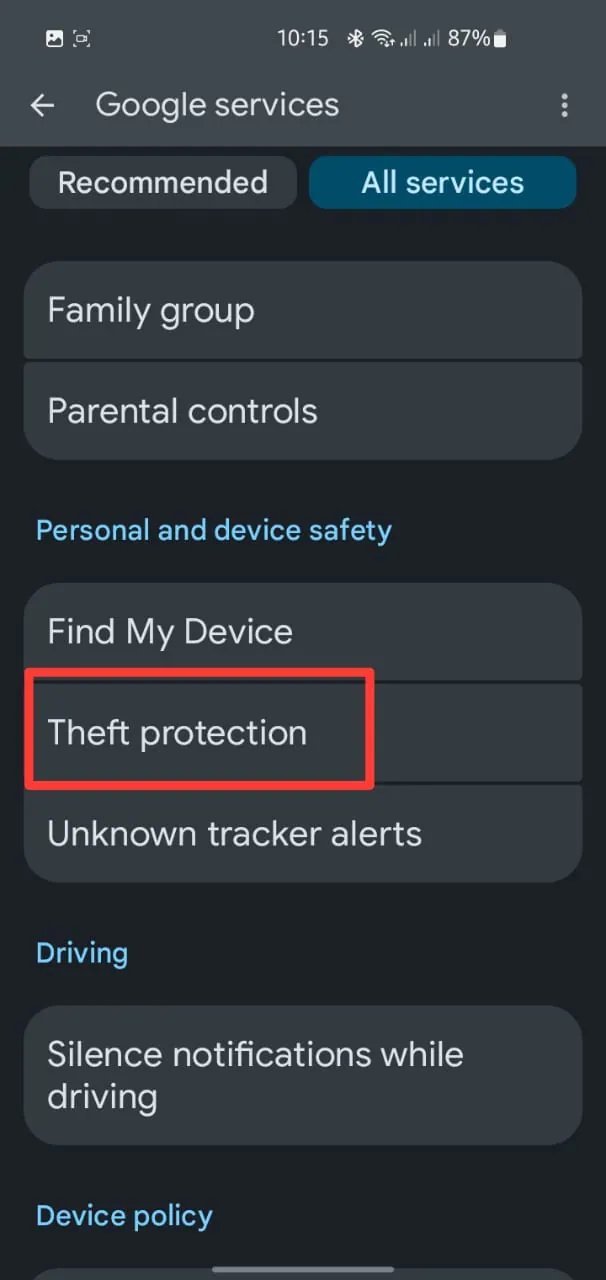 Find Theft Protection step 2