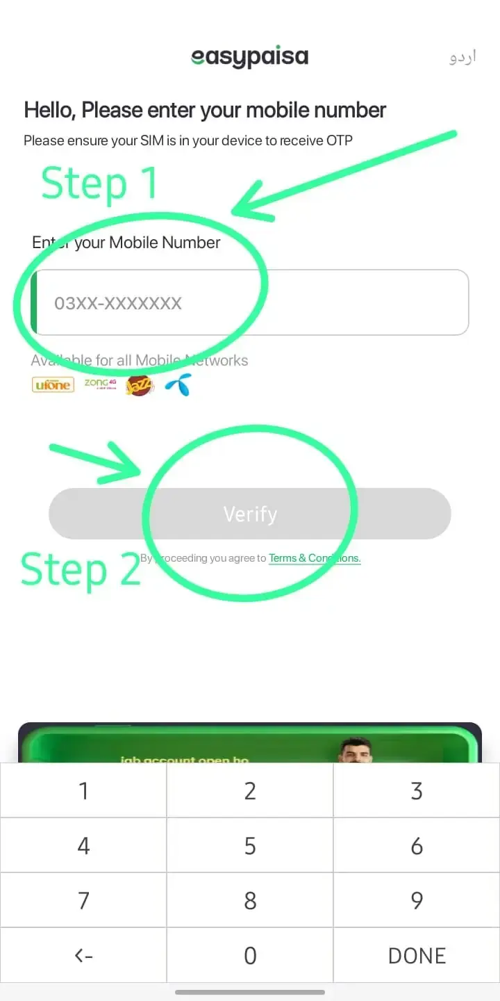 Add Mobile number to create easypaisa account