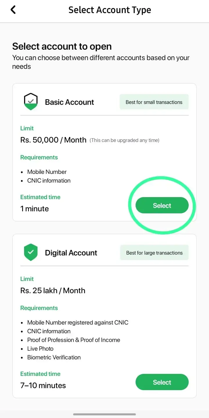 Easypaisa account option