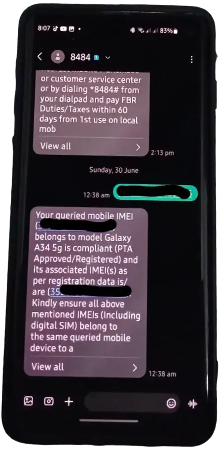 Checking a blocked IMEI number in Pakistan through the PTA system
