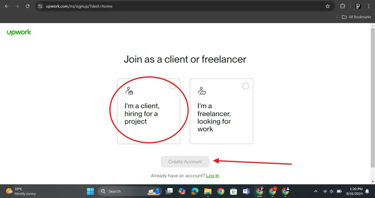 I’m a Client, Hiring for a Project - Step 2 on How to Create Upwork Account