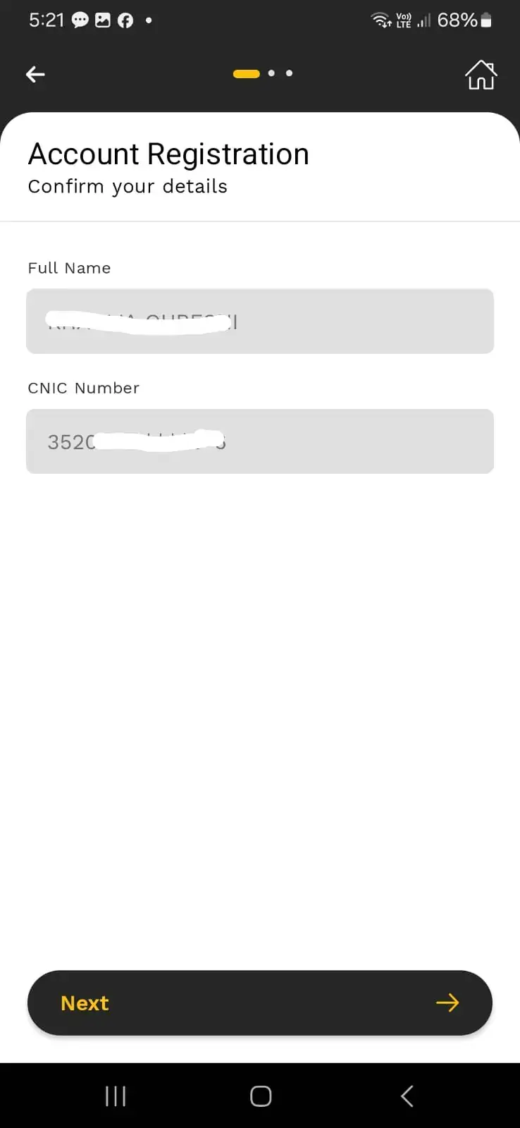Confirm full name and CNIC number screen on JazzCash app during account setup