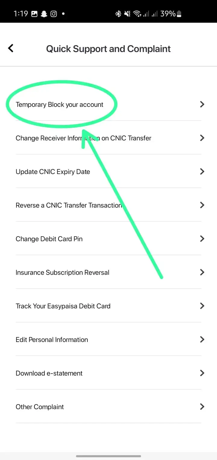 Temporary block option inside Easypaisa account settings in the app