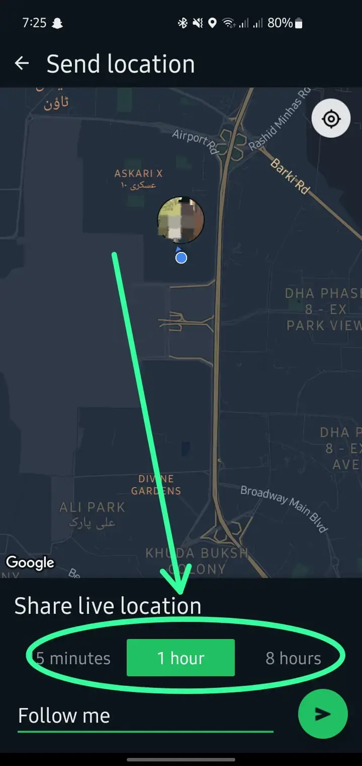 WhatsApp live location time options
