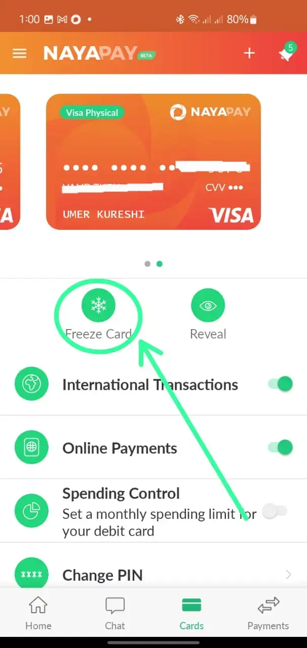 How to Freeze Your NayaPay Card Using the App - Step 2