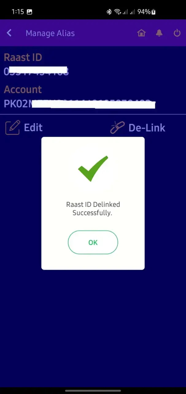 How to remove mobile number from Raast step 5
