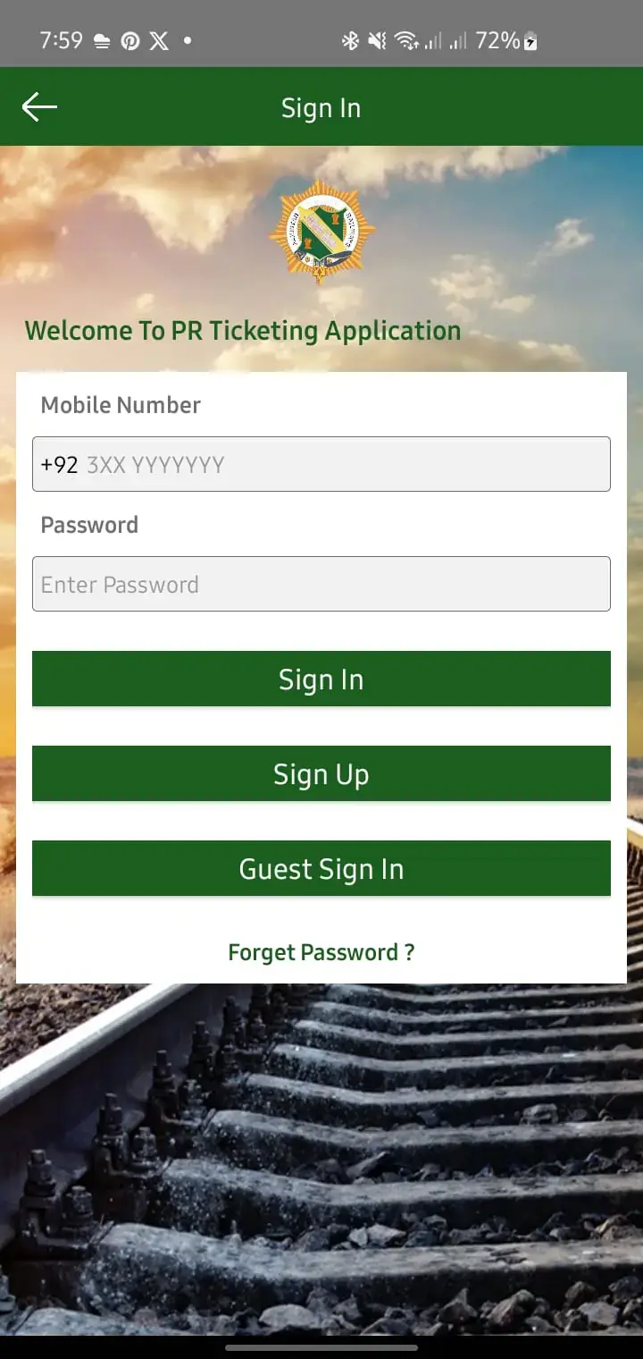 Pakistan Railway App login or sign in process