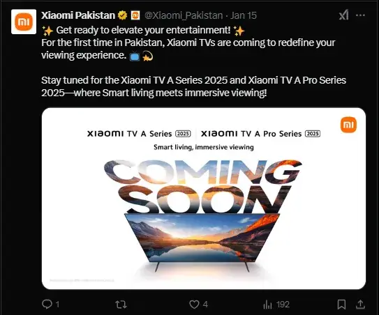 Xiaomi Pakistan Tweet of Launching Xiaomi Tv in Pakistan