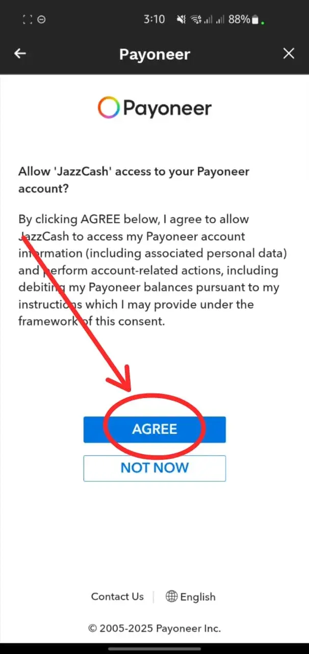 Consent screen allowing JazzCash access to your Payoneer account