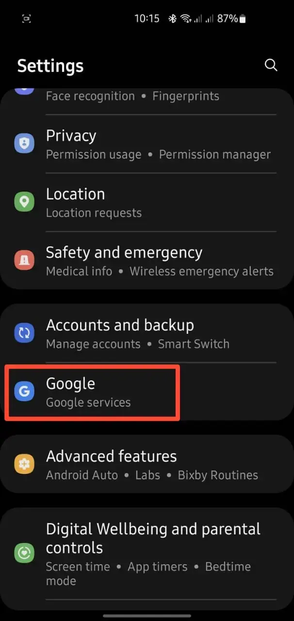 Find Google service to Activate Google Theft Protection step 1