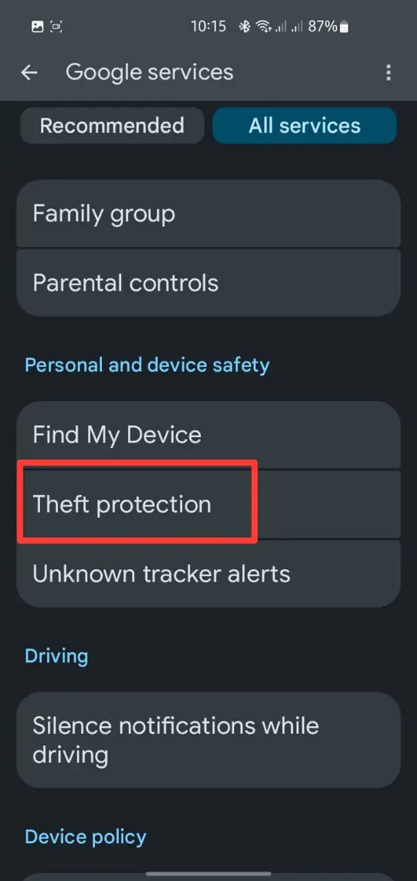 Find Theft Protection step 2