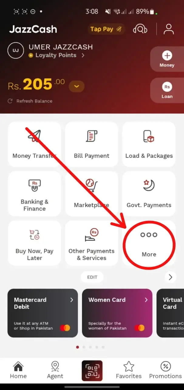 JazzCash app home screen showing the 'More' option to link JazzCash to Payoneer