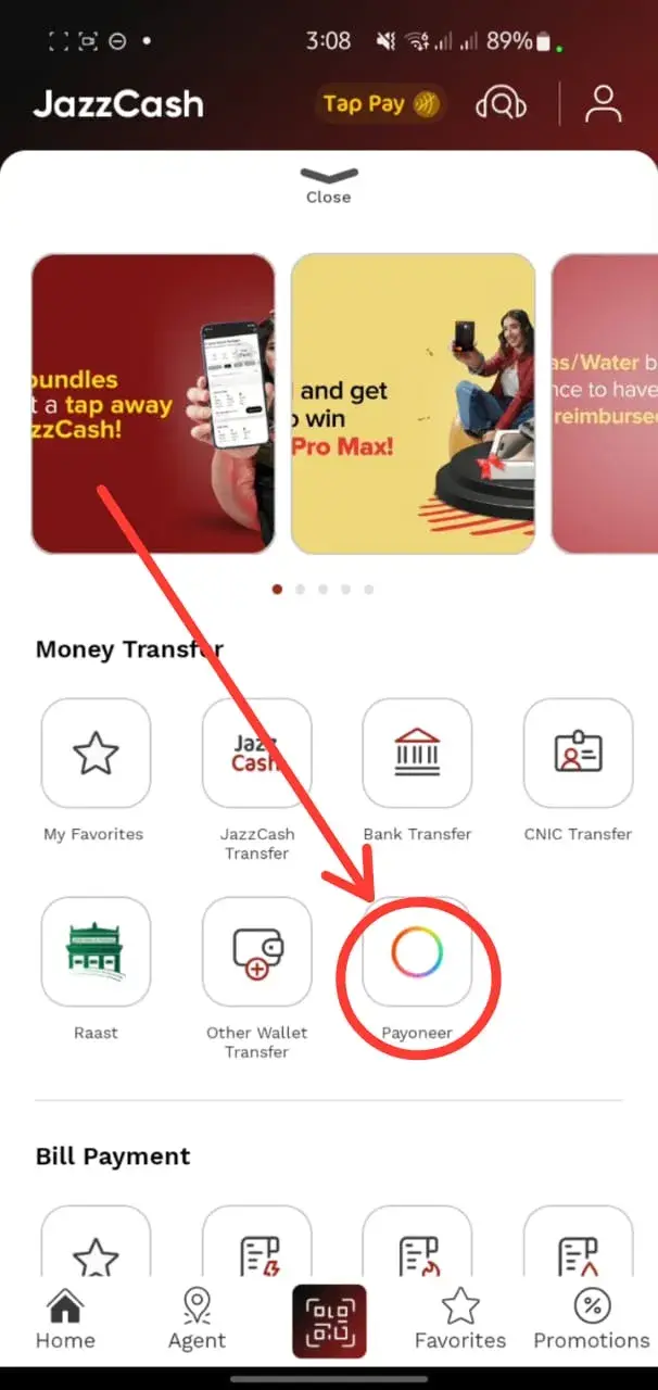 Jazz Cash menu highlighting the Payoneer Connect
