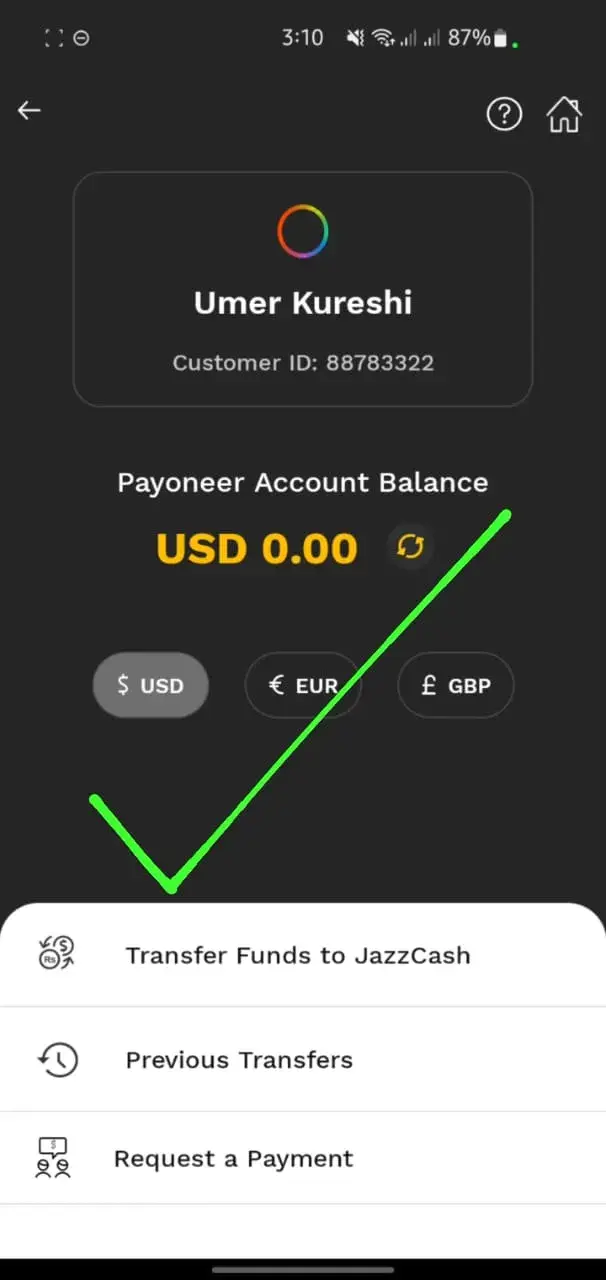 Linked Payoneer account details visible in the JazzCash app