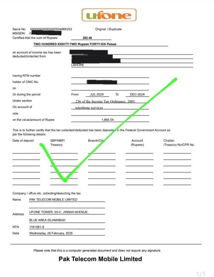 Official Ufone Tax Certificate by Pakistan Era
