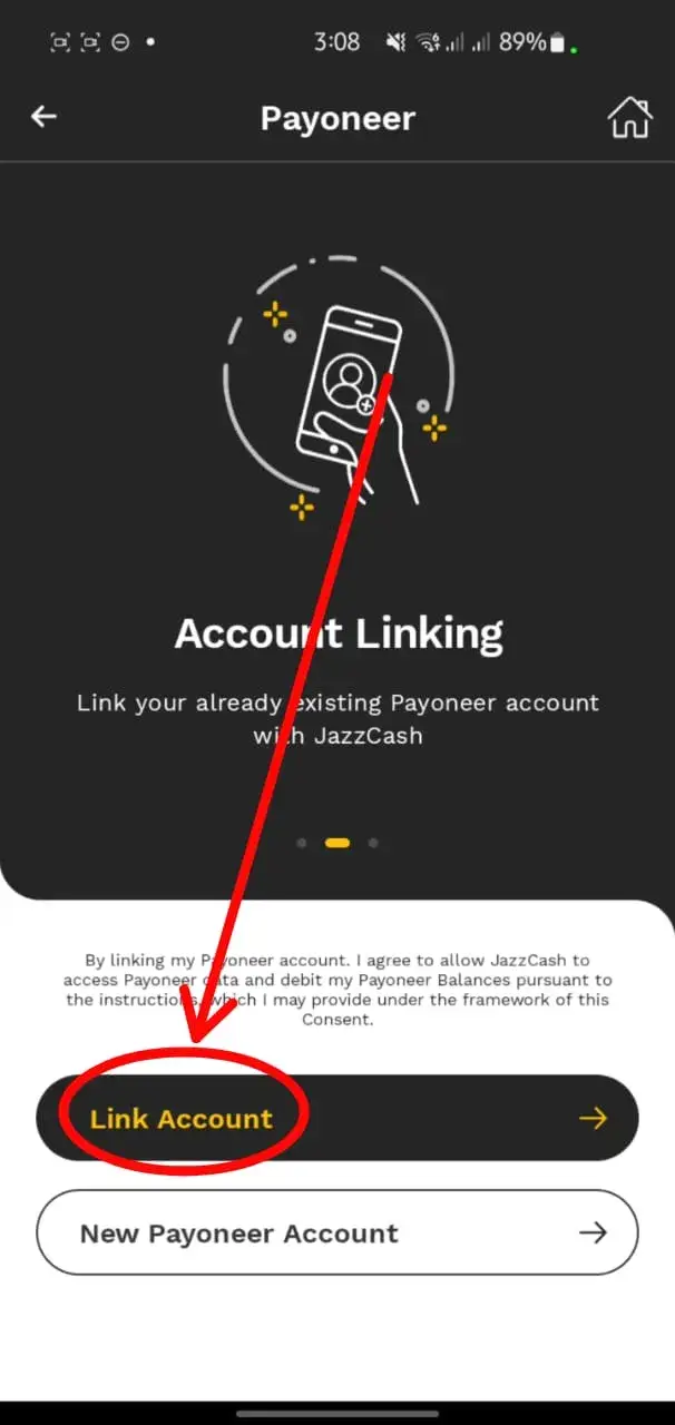 Payoneer account linking screen in JazzCash app with 'Link Account' button