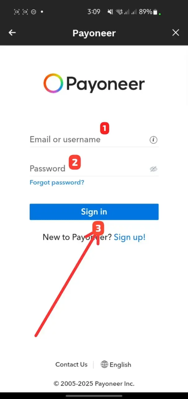 Payoneer login screen to connect Payoneer account with JazzCash
