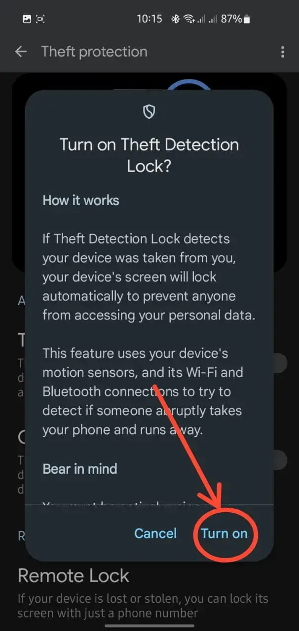 Turn on Theft Detection step 4