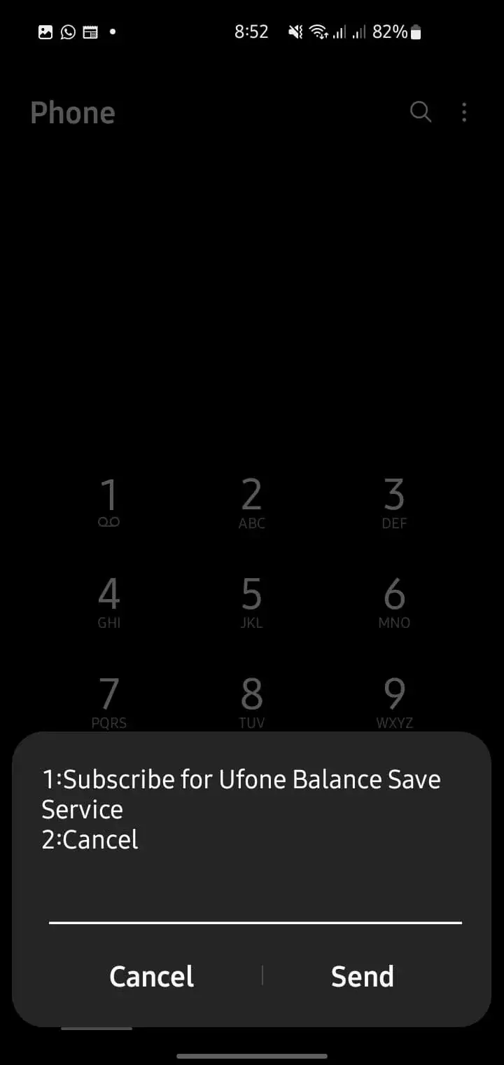 Dialling the Ufone balance save code *6611# and pressing 1 to subscribe