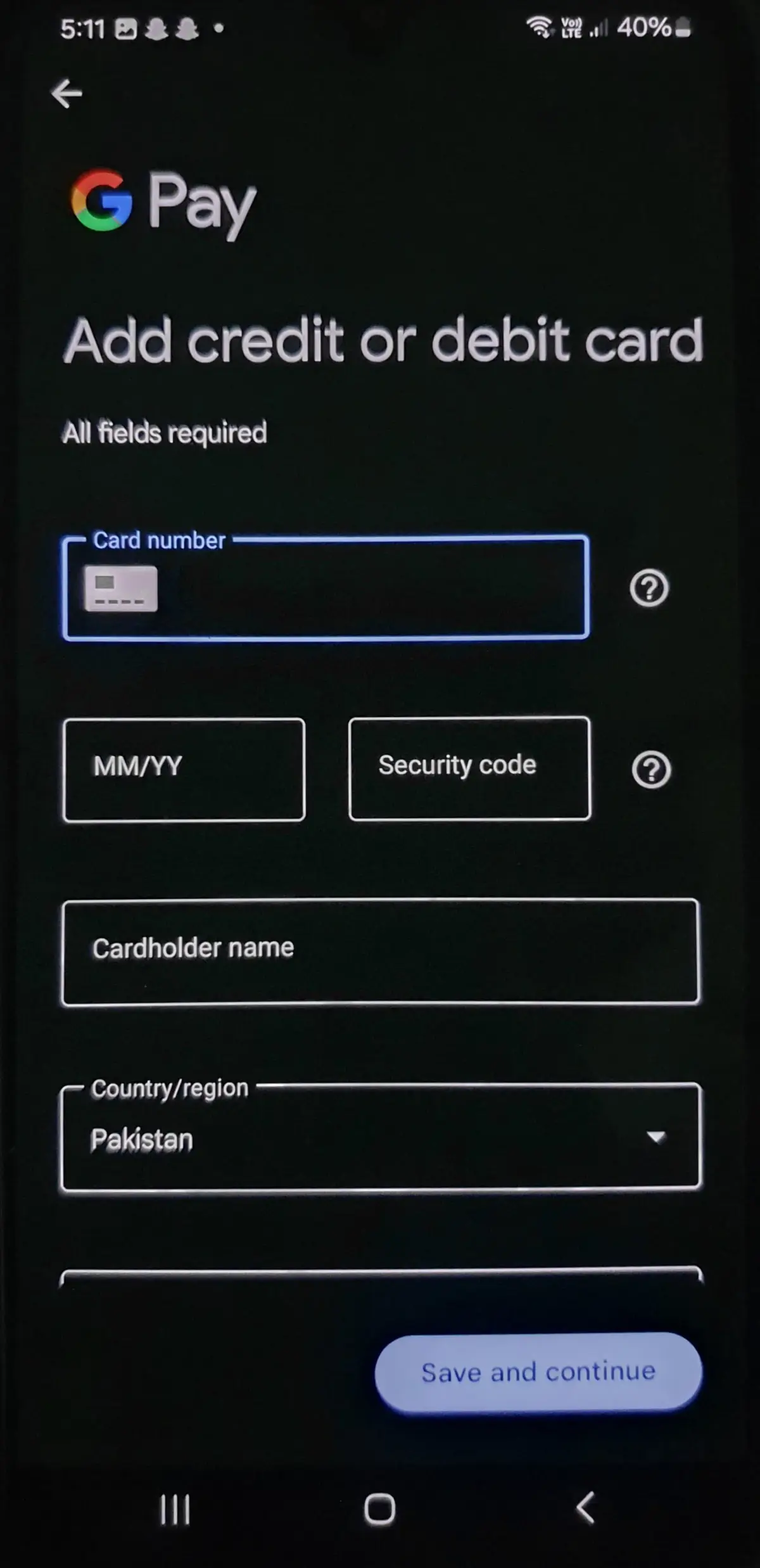 Add card details and press save and continue