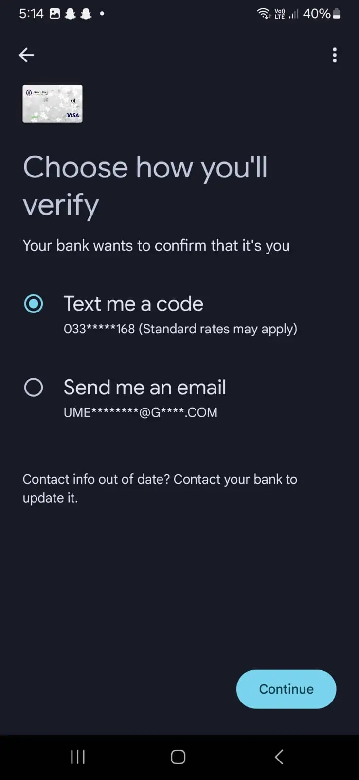 Choose verification method in google wallet