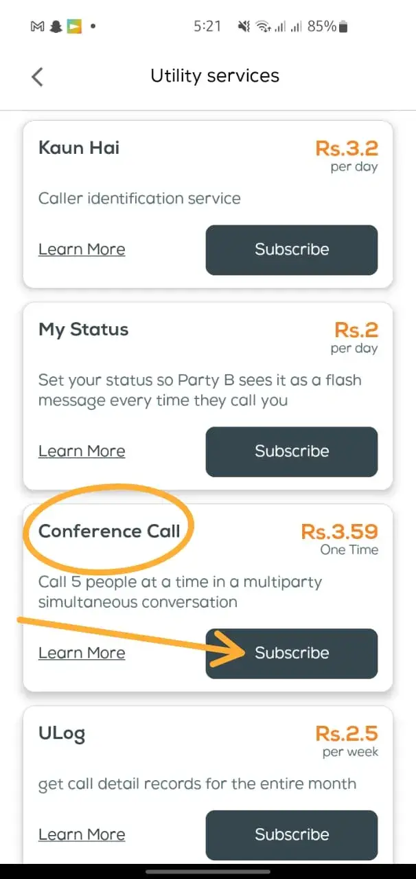 Finding Conference Call under VAS More Services in the UPTCL app