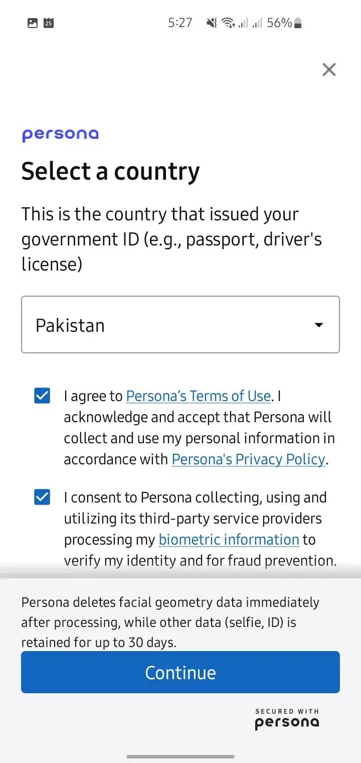 Persona country selection screen for LinkedIn verification in Pakistan
