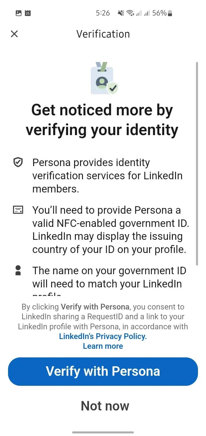 Persona interface showing LinkedIn verification requirements for Pakistani e-passport