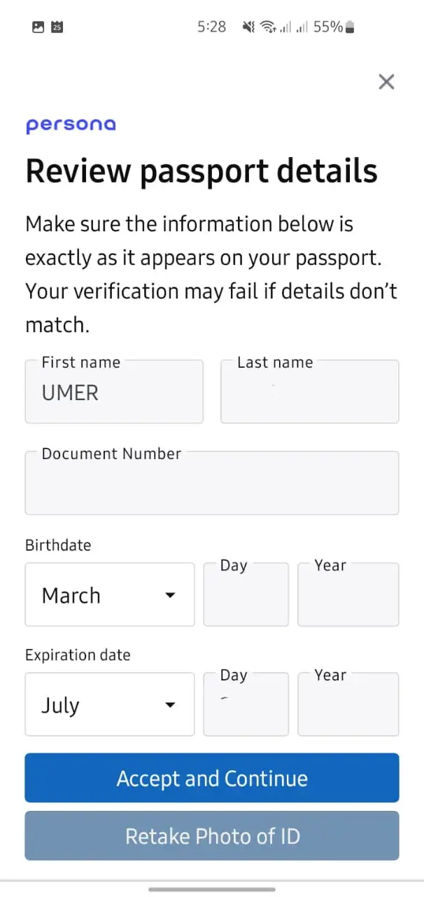 Reviewing e-passport details on Persona for LinkedIn verification in Pakistan