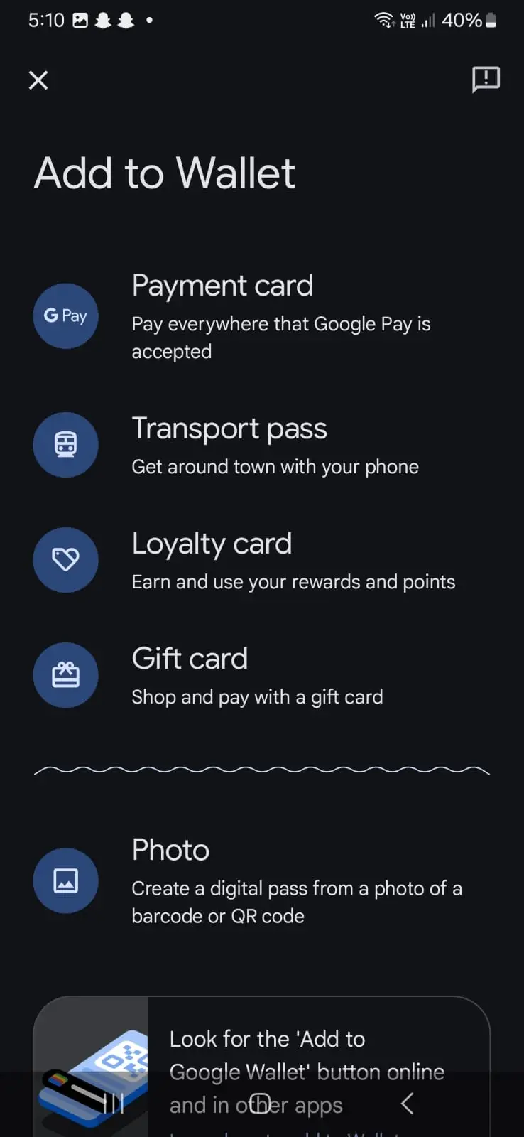 Select Payment Card in google wallet to add cards