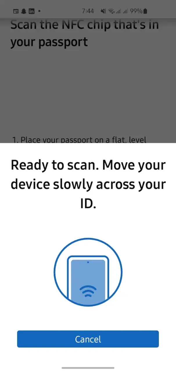 Smartphone scanning NFC chip in Pakistani e-passport for LinkedIn identity verification