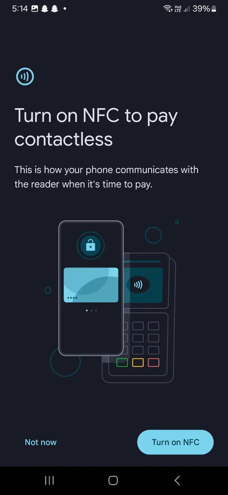 Turn on NFC to use google wallet and pay countless