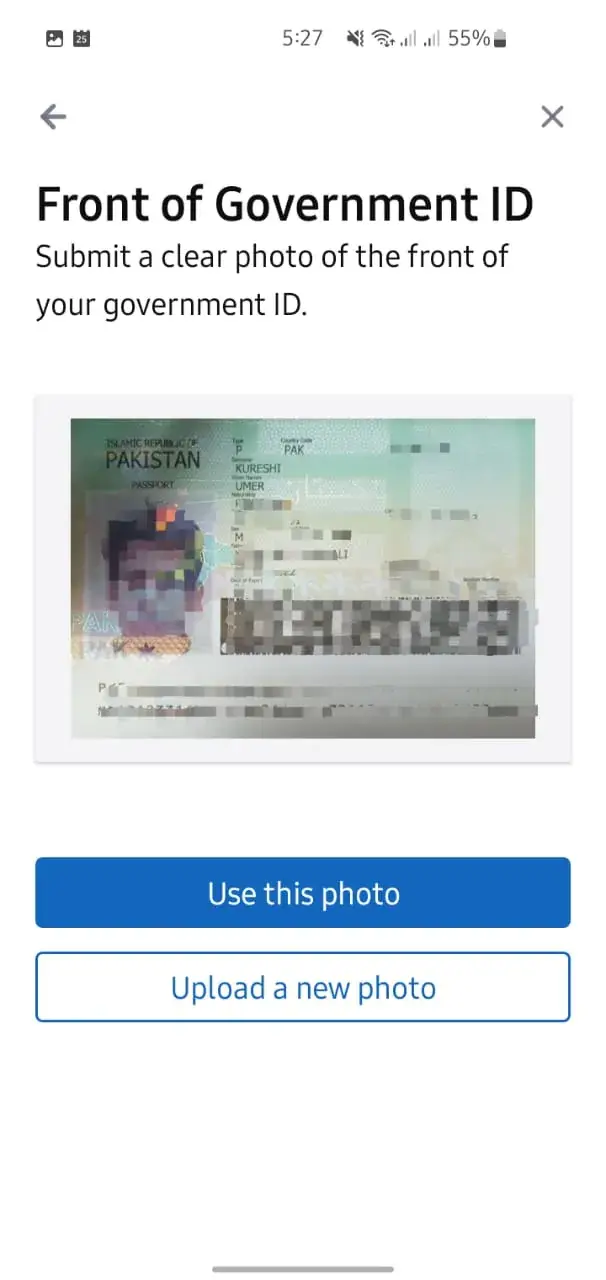 Uploading clear e-passport photo for LinkedIn verification via Persona in Pakistan