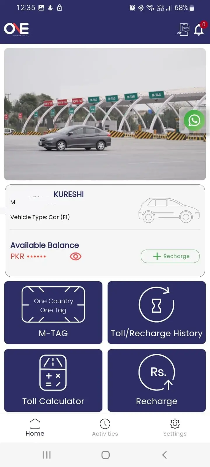 Recharge M-tag from One network App and check balance