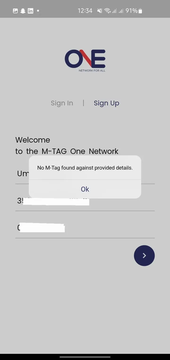 M-Tag not registered or found on CNIC error when checking tag ownership