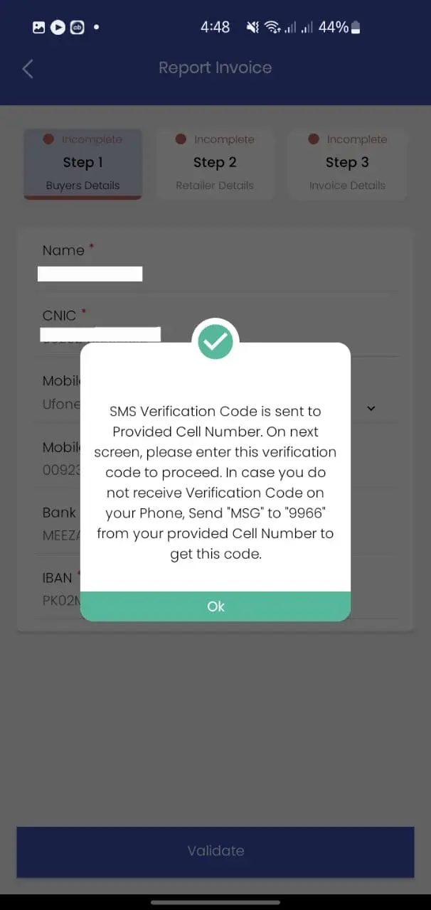 Verify through sms to report fake pos invoice