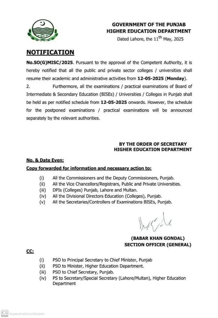 Goverment of Punjab Notification of Schools and Colleges Reopening
