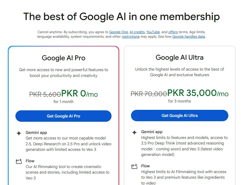 Google veo plans in pakistan pricing