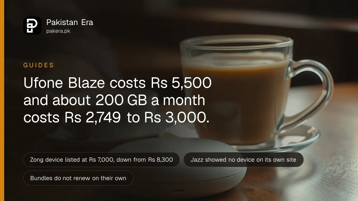 A small pocket Wi-Fi device on a cafe table beside a cup of tea in Karachi