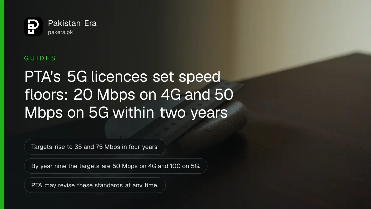 A steel ruler across a grey stone on a dark wooden table, for a guide to PTA 5G licence speed targets in Pakistan
