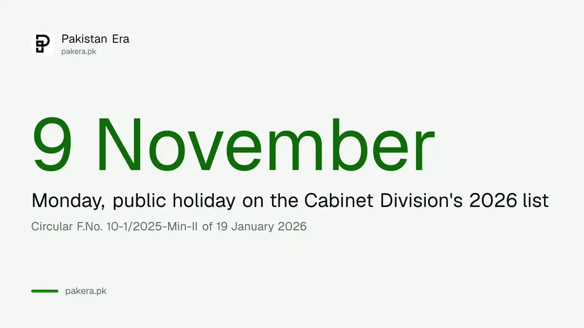 9 November 2026 is a public holiday in Pakistan for Allama Iqbal Day, a Monday