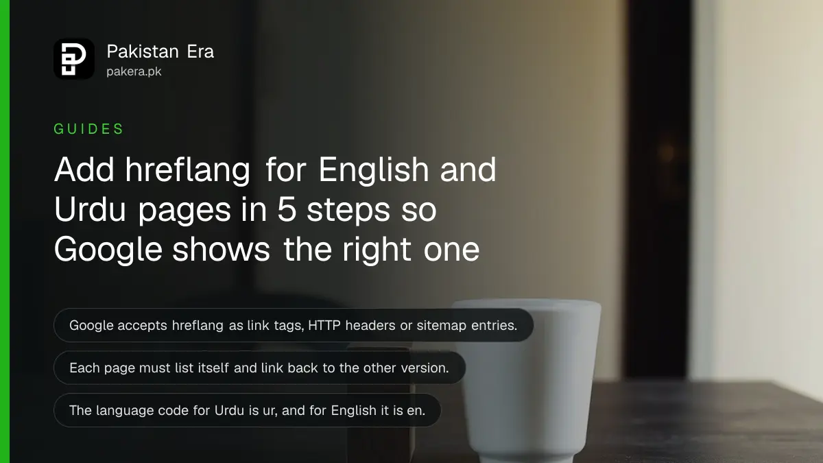 Still life of a plain ceramic cup and a wooden block, for a Pakistan guide on hreflang urdu english