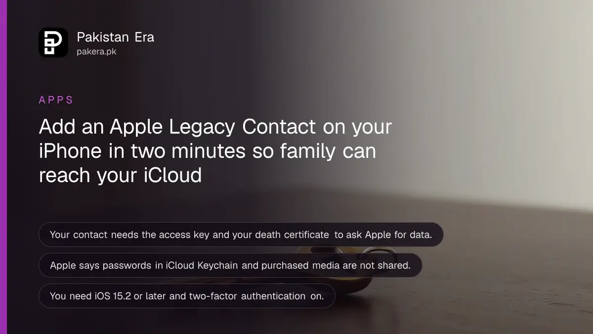 A brass key on a dark wooden table, for a guide on adding a Legacy Contact to an Apple Account in Pakistan