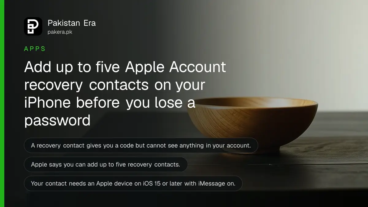 A wooden bowl on a dark wooden table, for a guide on adding an Apple Account recovery contact in Pakistan