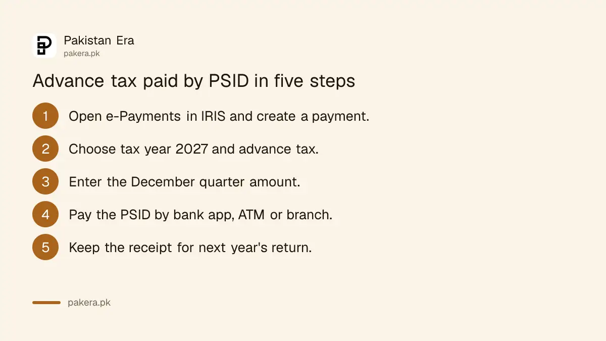 Steps to pay the December 2026 advance income tax instalment with a PSID on IRIS