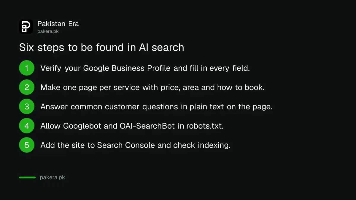 Six step checklist for a Pakistani small business to be found in Google AI Overviews and ChatGPT