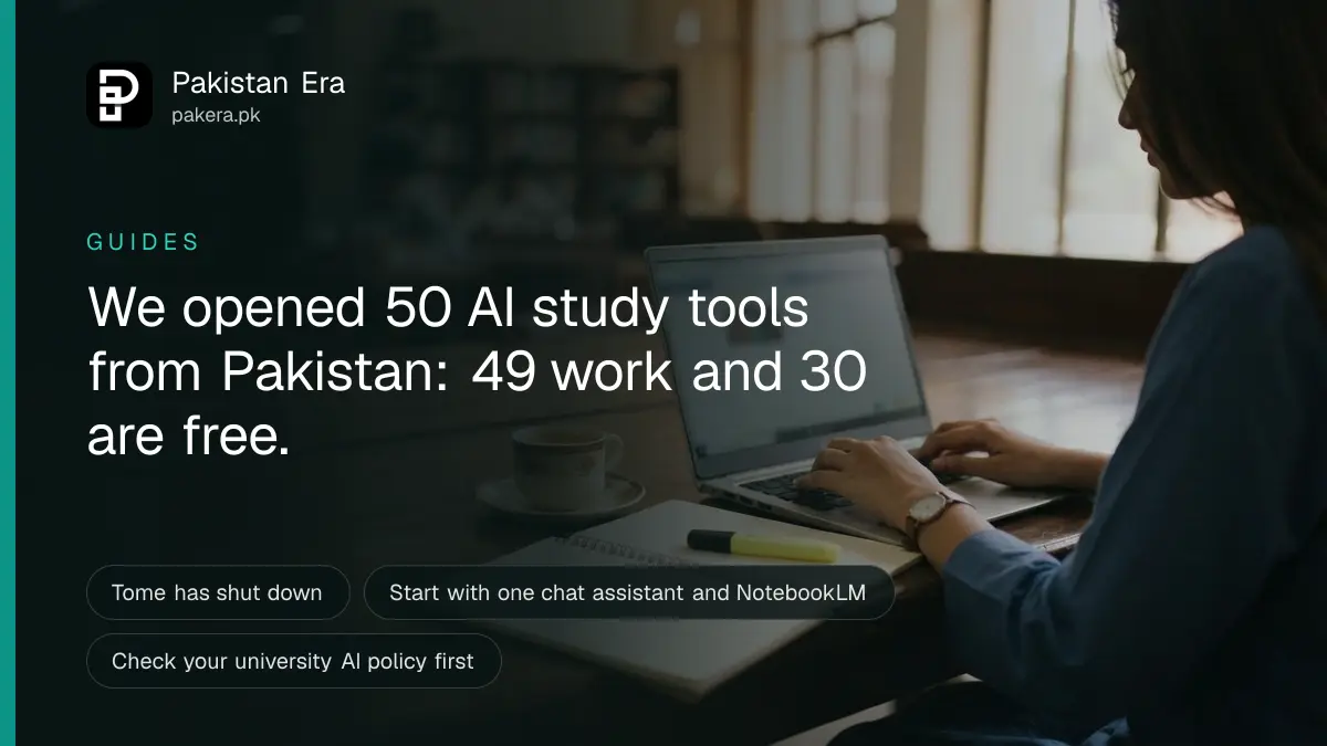 A Pakistani university student studying with a laptop and notes in a campus library