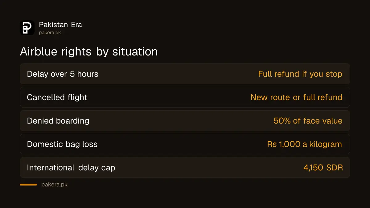 Airblue passenger rights: refund after 5 hours, 50% for denied boarding