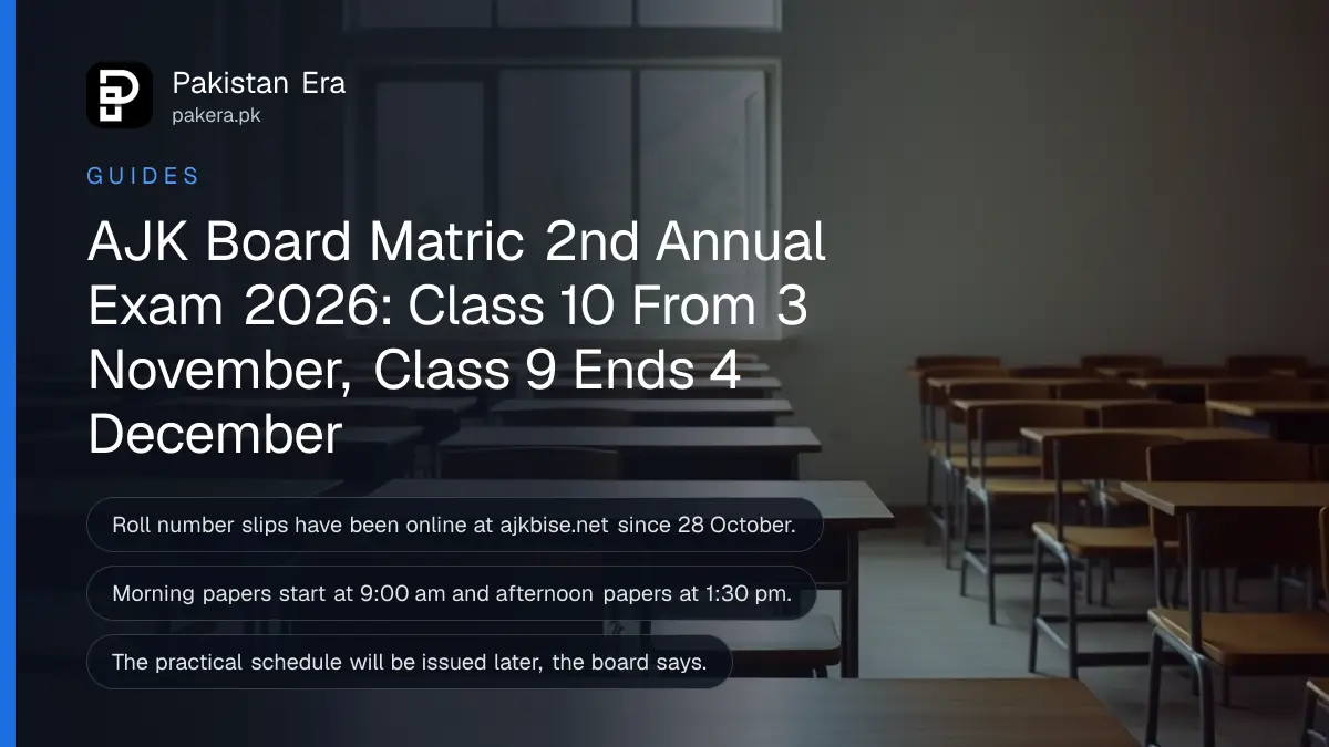 Rows of empty wooden exam desks in a bright school hall