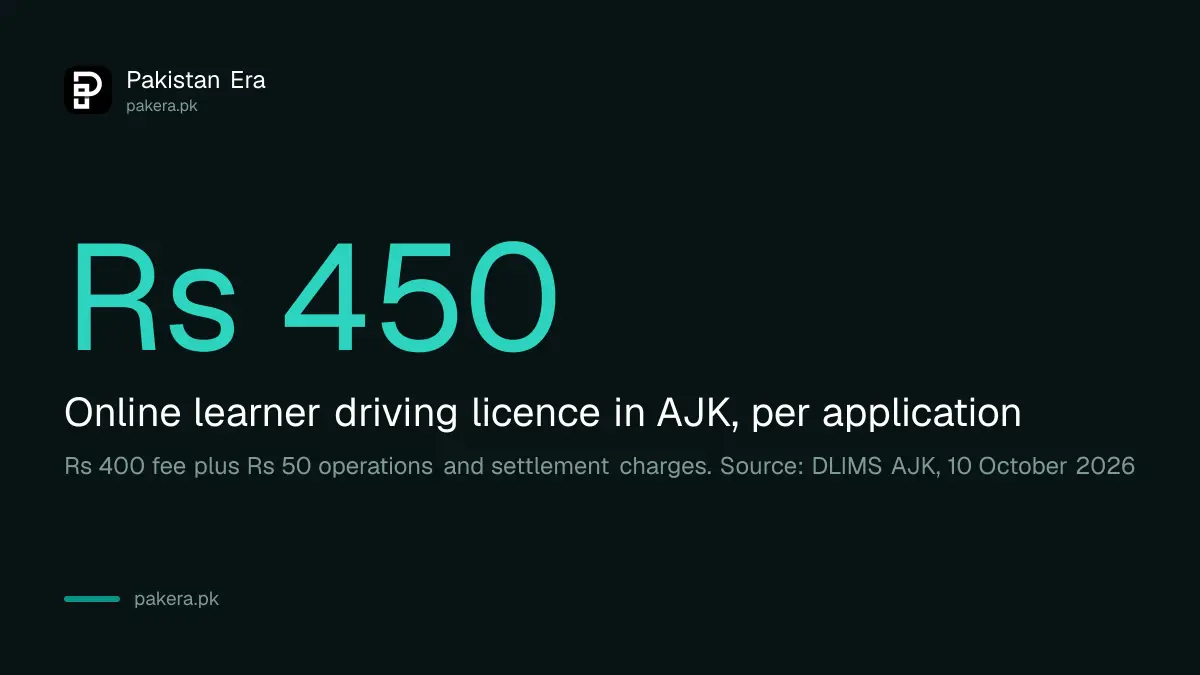 AJK learner driving licence fee of Rs 450, made up of Rs 400 per application and Rs 50 operations and settlement charges